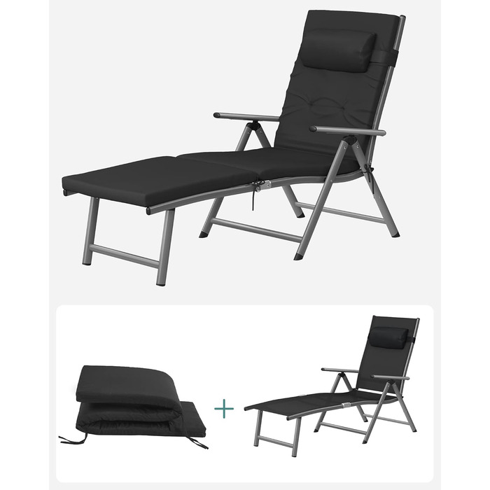 Лежак SONGMICS GCB24BK з товстою матрацом 6 см, алюмінієвий, неслизький, дихаючий, регульований, вантажопідйомність 150 кг, чорний