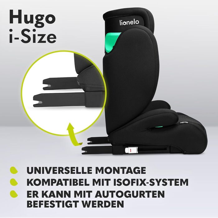 Дитяче автокрісло LIONELO HUGO I-SIZE, група 2 3, від 100-150 см, установка ISOFIX, регульований підголівник, піна з ефектом пам'яті, бічний захист, зручні підлокітники (Black Carbon)