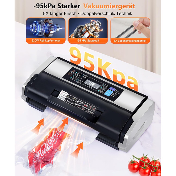 Вакууматор MZROT для продуктів харчування, -95кПа, 230Вт, з подвійним швом, 10 режимів (сухий/вологий), вбудованим різаком, чорно-сріблястий (в комплекті рулон та 15 пакетів)