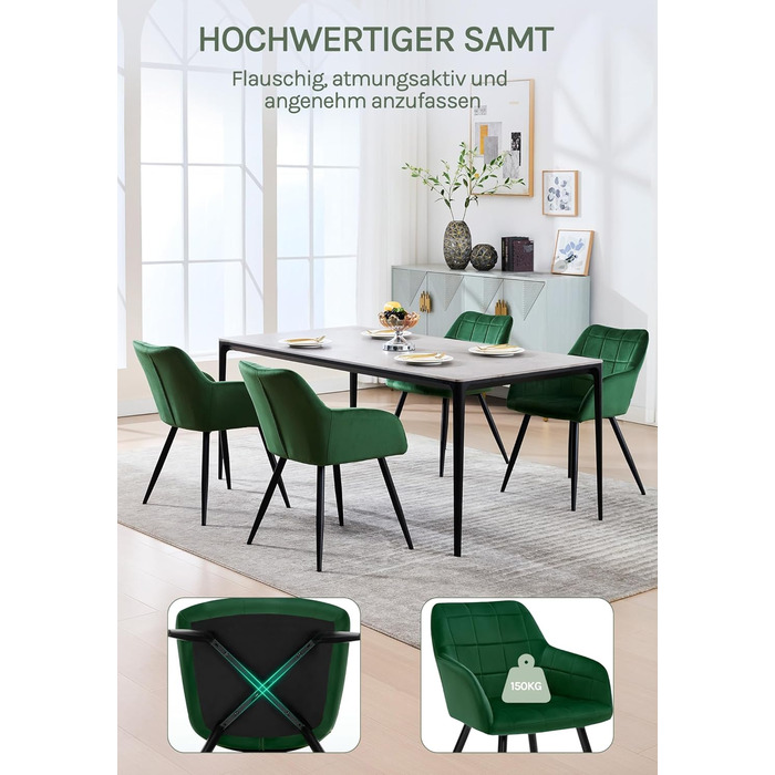 Крісла для їдальні WOLTU, крісла для кухні, м'які крісла з підлокітниками, 8 шт., темно-зелений, з велюровою оббивкою та металевими ніжками