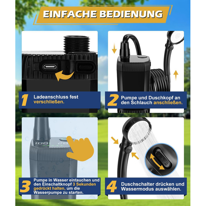 Портативна кемпінгова душова система WADEO з акумулятором, насосом та нагрівачем, 20л бак, для відпочинку, подорожей, автомиття та надзвичайних ситуацій