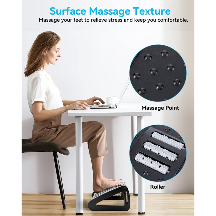 Підніжка для столу з регулюванням висоти та кута на 6 рівнів, з масажем, протиковзка, для зняття болю в ногах, колінах та спині, ідеальна для дому, офісу та подорожей, з трьома ніжками