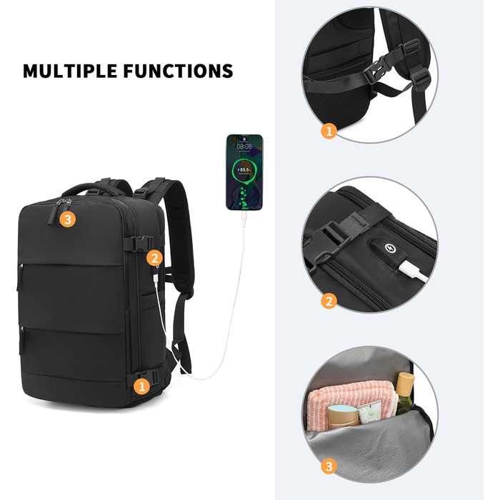 KONO Рюкзак для ручної поклажі 42x30x20, рюкзак для ноутбука 25L, Outdoor, для подорожей, спорту, Weekender з відділенням для взуття, чорний