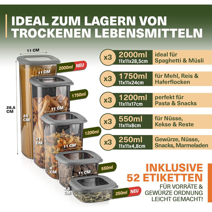 Набір контейнерів для зберігання продуктів 18 шт. – з контейнером для спагеті 2.0л, 6 баночок для спецій з дозатором, стійкі до утворення конденсату, BPA-free, 52 етикетки (12 шт) + 6 дозатори для спецій (набір 15 шт, сірий)