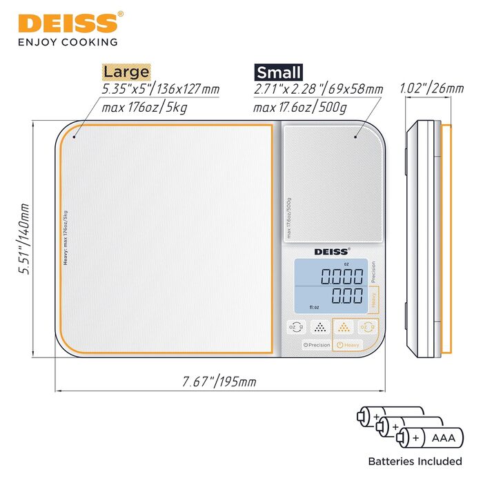 Кухонні ваги Deiss PRO з двома платформами, 5 кг та 500 мл, цифрові ваги для приготування їжі, випічки та ваги для кухні