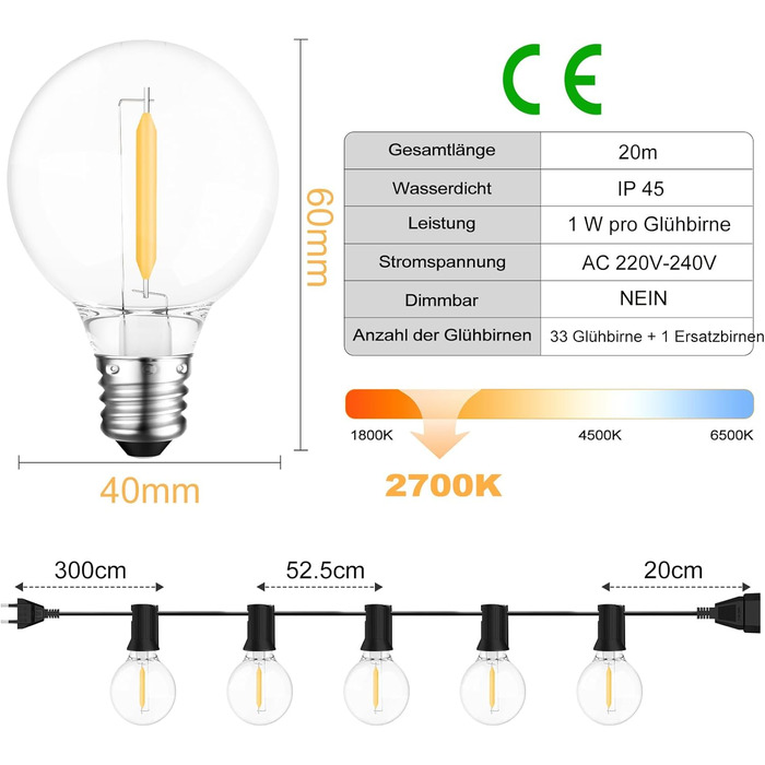 LED гірлянда на батарейках для вулиці, 10 метрів, 17+1 тепле світло G40, вологостійка IP45, для саду, балкону, тераси