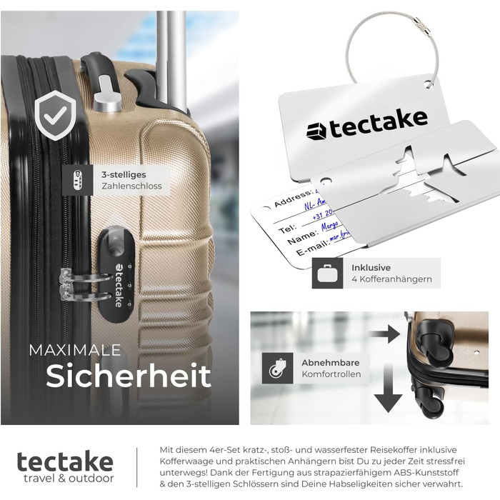 Набір валіз Tectake® 4шт з ABS пластику, S-M-L-XL, з колесами, телескопічним ручками та замком, + ваги та аксесуари для валіз, колір шампань