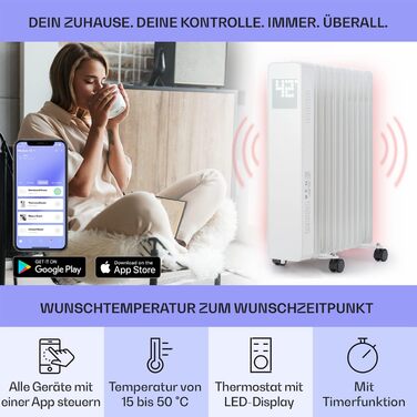 Електричний масляний радіатор Klarstein 2500W з термостатом та Wi-Fi, білий - енергозбереження