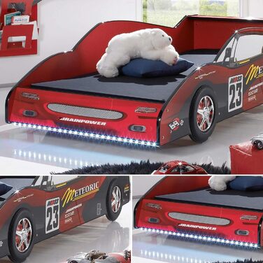 Ліжко для гоночного автомобіля METEOR зі світлодіодним підсвічуванням 90 х 200 см - Захоплююче ліжко-машина для маленьких гонщиків в червоно-чорному кольорі - 97 x 56 x 216 см (Ш/В/Г)