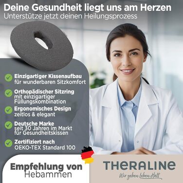 Ергономічна ортопедична подушка-кільце Theraline для розвантаження куприка та гемороїду, післяопераційна та післяпологова подушка-пончик (Антрацит Меланж), 35x48 см
