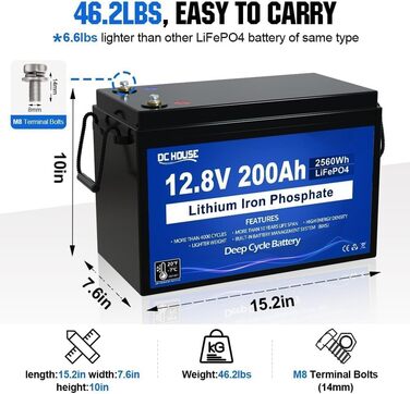 Акумуляторна батарея DCHOUSE 12V 100Ah LiFePO4 із зарядними пристроями на 10 А, оновлений BMS 100 А, до 15000 циклів, літієва батарея 1280 Втгод, ідеально підходить для автофургонів, сонячної системи, каравану, човнів, кемпінгу, автономного режиму (12 В 2