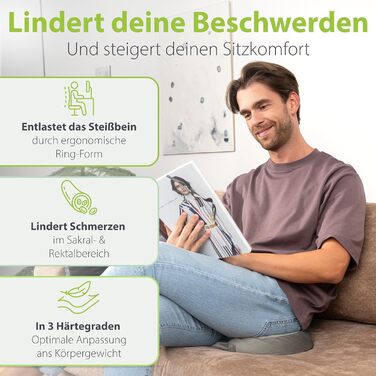 Ортопедичний сидіння кільце Feela® з 3 рівнями жорсткості – подушка для геморою з отвором – після операції та пологів – сидіння для полегшення болю в куприку, подушка для геморою, сидіння-пончик – знімає біль (Medium) (Сріблястий, Medium / 60-80 кг)