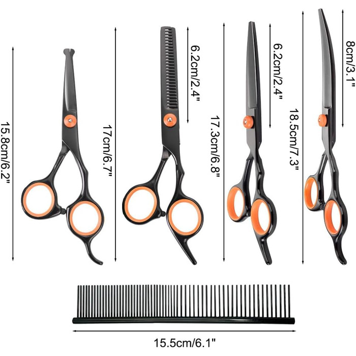 Набір для догляду за собаками з нержавіючої сталі 6-в-1 філіровочні, вигнуті, прямі ножиці та гребінець для собак/котів