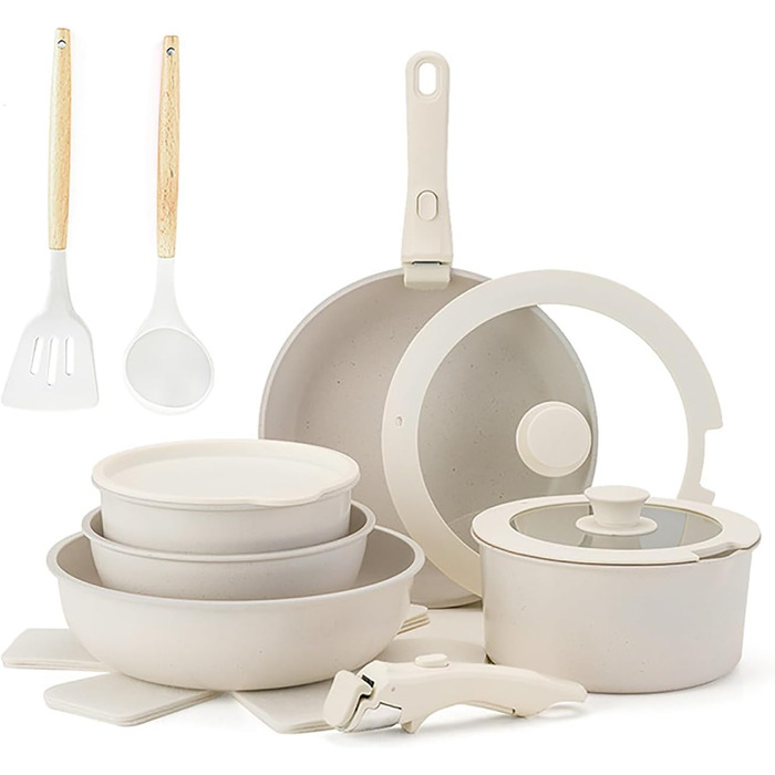 17-ти частинний набір каструль з знімним ручками: Набір посуду Induktion з антипригарним покриттям для всіх типів плит, придатний для миття в посудомийній машині (молочний білий)