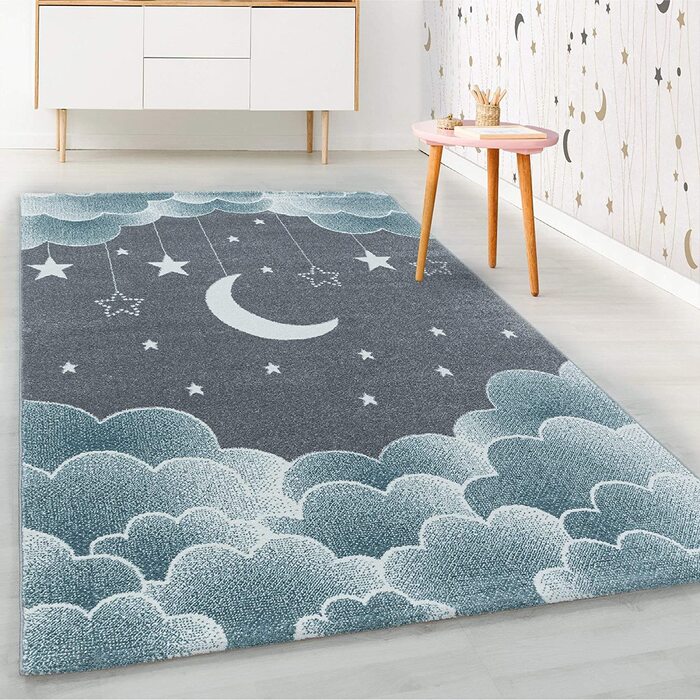 Дитячий килим HomebyHome з коротким ворсом у вигляді зоряного неба, Місяця, хмар, м'який дизайн для дитячої кімнати, Колір рожевий, Розмір (160x230 см, синій)