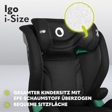 Дитяче автокрісло LIONELO IGO I-size, група 2 3, від 100-150 см ISOFIX або переднє кріплення без ременів, регульована спинка і підголівник зі знімною спинкою з піни з ефектом пам'яті I-SIZE Black