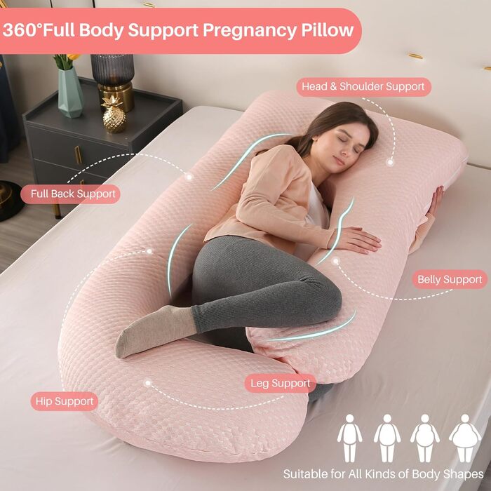 Подушка для вагітних GKXLH – підтримка спини, живота та стегон, J-подібна форма, знімний чохол (Cooling Pink)