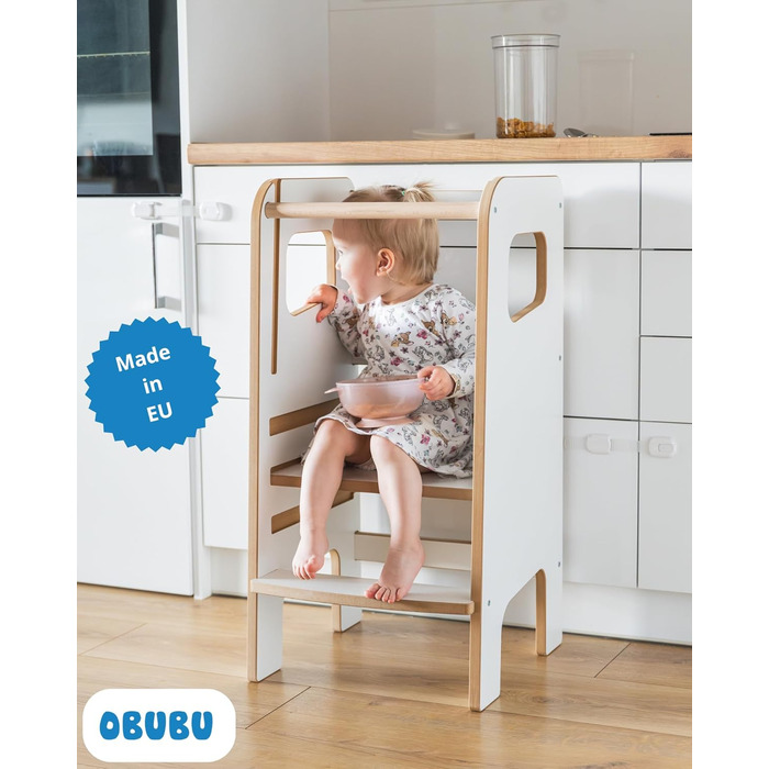 Дерев'яний навчальний столик-сходинка Montessori для дітей з бічною перегородкою – білий, безпечний та стійкий, регульована висота, з блокуванням, сучасний дизайн Model 4