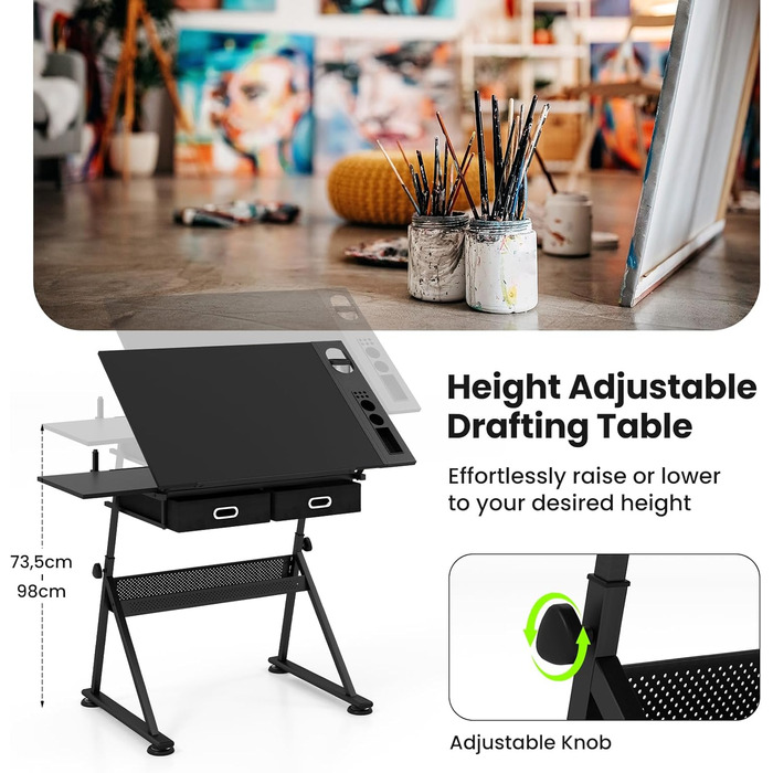 Регульований стіл FANTASK для архітекторів та художників з нахиленою стільницею, 2 ящиками та табуретом (Чорний)