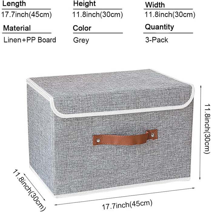 Коробка для зберігання Yawinhe з 3 предметів з кришкою, складна корзина для зберігання одягу з лляної тканини для рушників, книг, іграшок, одягу (45x30x30 см, сірого кольору)