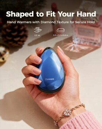 Електричні грілки для рук OCOOPA 2 шт., стильні, у формі діаманта з магнітом, перезаряджаються, для жінок, подарунок на Новий рік, для Рейно, піших прогулянок, кемпінгу, блакитні