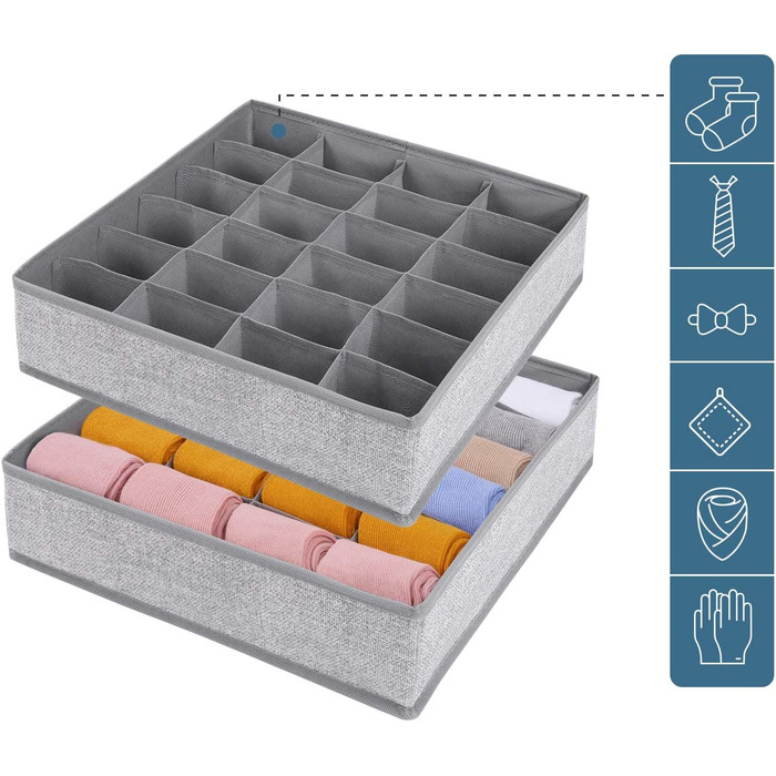 Органайзер для шкарпеток Joyoldelf, 2 шт. и, складний, 24 клітинки, для шкарпеток, дитячого одягу, краваток, шарфів - сірий