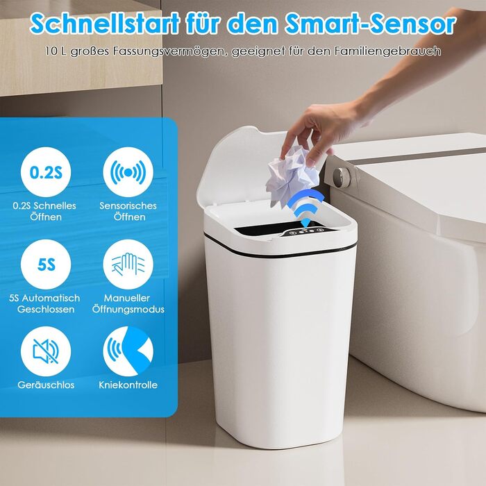 Набір з 2 сміттєвих контейнерів з датчиком, 10 л, автоматичний електричний кришка, 3 режими роботи, тихий, водонепроникний, інтелектуальний контейнер для сміття, для кухні, офісу, вітальні, ванної кімнати