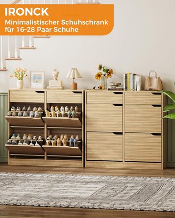 Шкаф для взуття IRONCK з 4 дверцятами, вузький, з 2 висувними ящиками, окремо розташований, з регульованими перегородками, для прихожого, входу та вітальні (білий). Матеріал: дерево. Розміри: 100x23.5x98 см