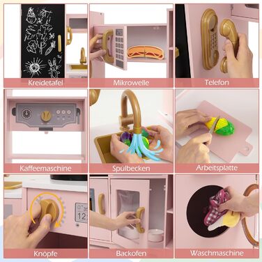 Дерев'яна дитяча кухня COSTWAY з підсвічуванням та звуком, кутова кухня з дошками, мікрохвильовою піччю, раковиною, духовкою та місцем для зберігання, з аксесуарами, іграшкова кухня для дітей від 3 років (білий/рожевий)