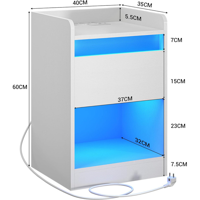 Тумбочка KIMENICH світлодіодна стрічка, функція зарядки, USB/USB-C, висувні ящики, білі, для спальні/вітальні