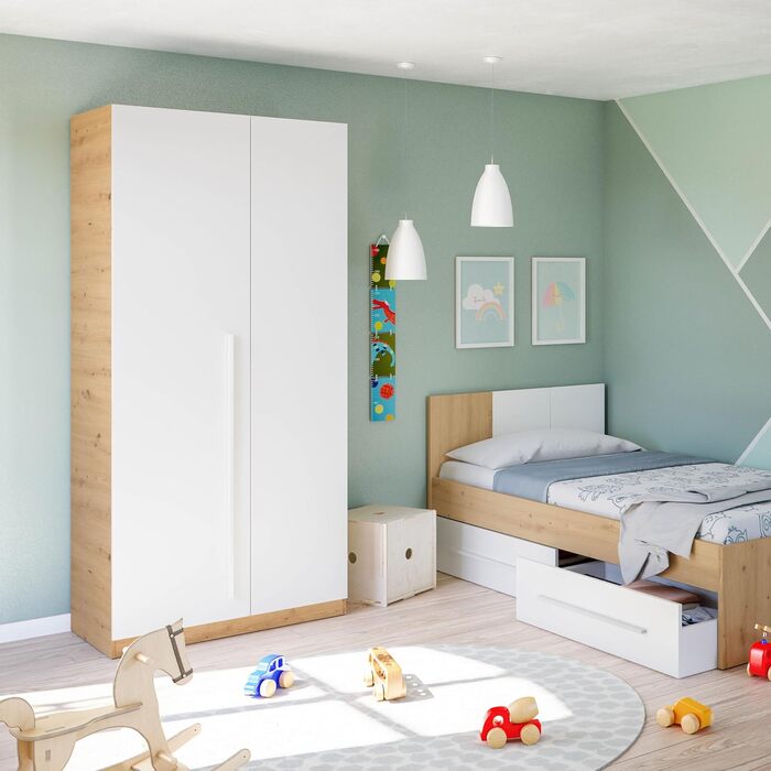 Ліжко дитяче Habitdesign Noa з 2 ящиками, білий та ехо-дуб, 97x77x196 см (без ламелей)