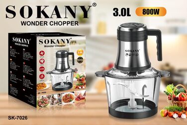 М'ясорубка-подрібнювач Sokany 800W з чашею 3л з нержавіючої сталі, електричний мультиподрібнювач з 2 швидкостями для м'яса, овочів, фруктів