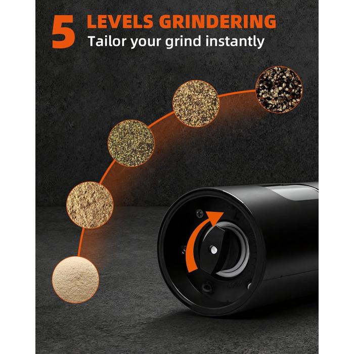 Електричний набір для солі та перцю з зарядною станцією, об'єм 110 мл, перезаряджувана млинка для солі з 5 рівнями, керамічна млинка з щіткою, 2 шт., чорний