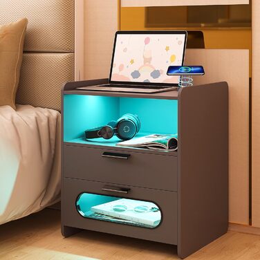 LED тумбочки з підсвіткою, комплект 2 шт, з USB Type-C, сенсор, 24-режимне димерування, високий глянець, 2 шухляди, сіра, для спальні