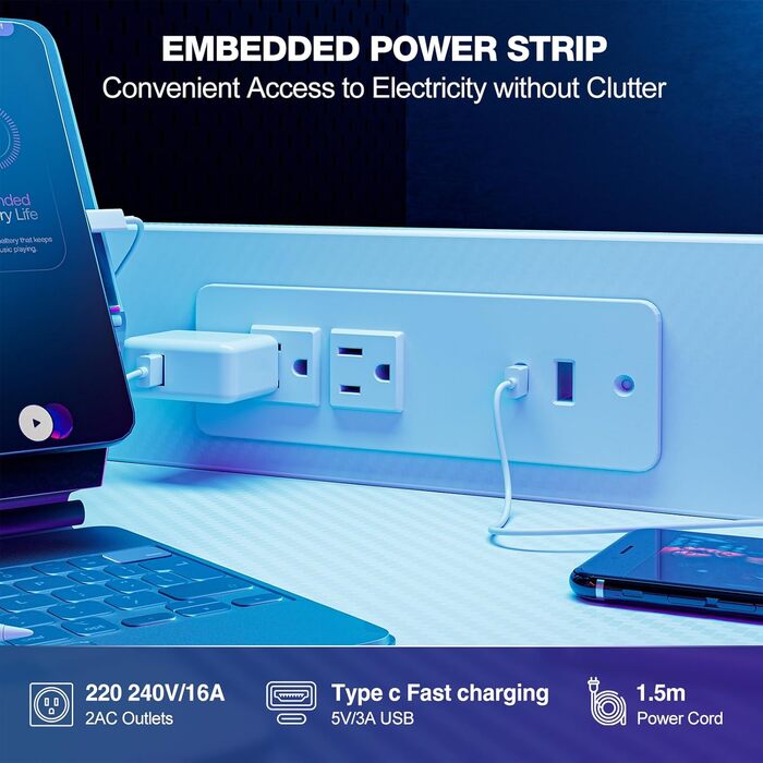 Ігровий стіл Grandder 120 см з розеткою та LED-підсвіткою, білий. Комп'ютерний стіл з регульованими полицями та ящиком, для дому та офісу 120 x 50 см