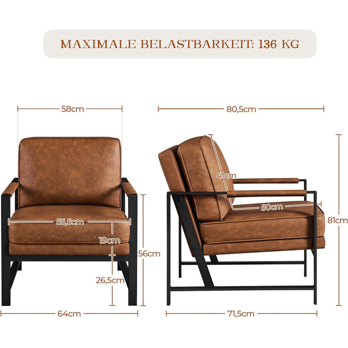 Крісло-реклакс Yaheetech з металевим каркасом та штучною шкірою, світло-коричневе