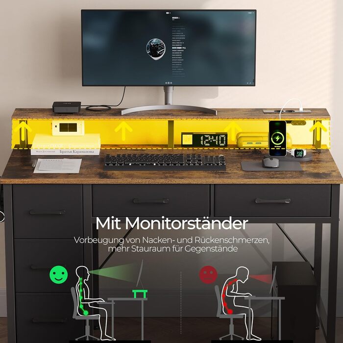 Комп'ютерний стіл Seventable з розетками та LED-підсвіткою, 100 см, геймінговий стіл з 5 висувними ящиками та підставкою для монітора, для офісу, кабінету, спальні, вітальні (Вінтажний коричневий)