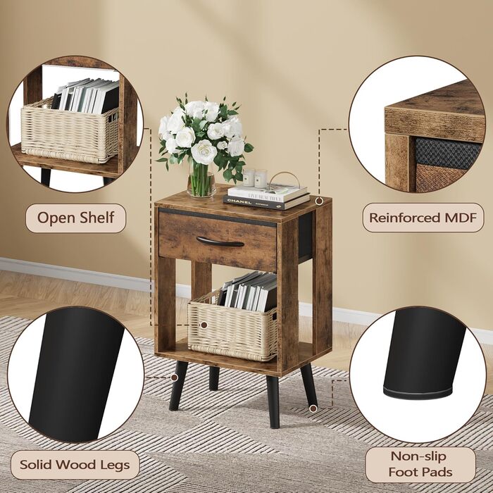 Набір з 2 приліжкових тумбочок, 40x30x60.3 см, з шухлядою, з дерева, для спальні/дитячої кімнати