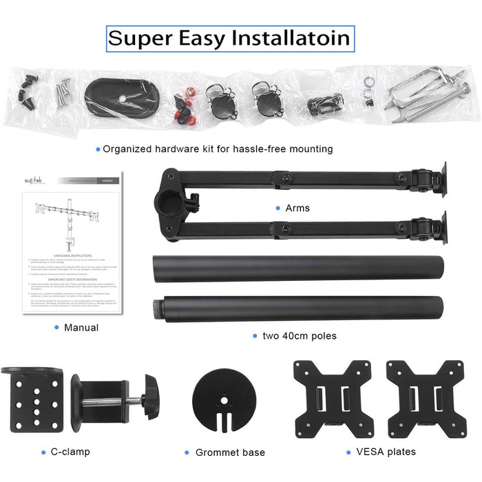 Тримач для монітора на стіл для 2 моніторів, регульована висота 80 см, чорний, MD6842