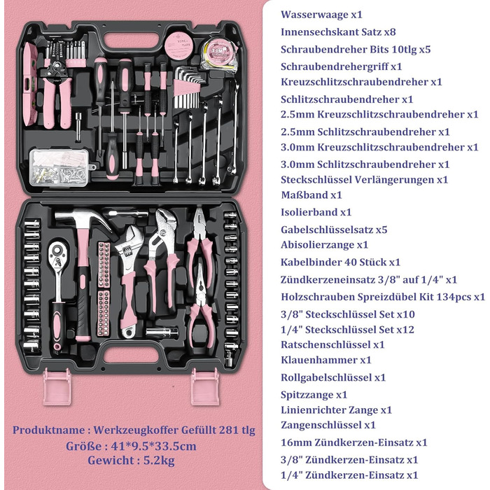 Набір інструментів Sundpey 281 предметів в кейсі рожевого кольору: набір гайкових ключів, викруток, шестигранників, плоскогубців