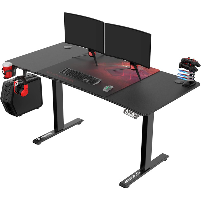 ULTRADESK Стіл для роботи Level V2 - Регульована висота, 140x68 см - Електричний стіл для геймінгу, офісу, дому - з XL-килимком для миші - Чорний, Червоний