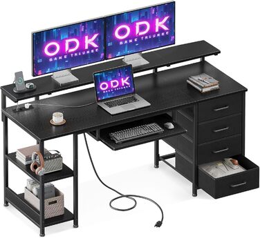 Письмовий стіл ODK з 4 шухлядами, комп'ютерний стіл з 2 розетками та 2 USB-портами, стіл для ПК з полицею, геймерський стіл з висувною полицею для клавіатури, для офісу та вітальні, 160x52 см, білий/чорний