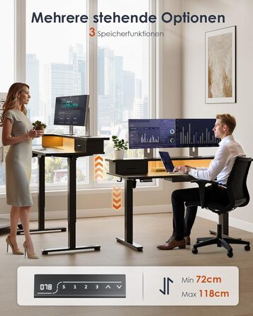 Регульований стіл OffiGo 140x60 см з L-подкоркой, USB-роз'ємом та висувною шухлядою. Чорний колір.