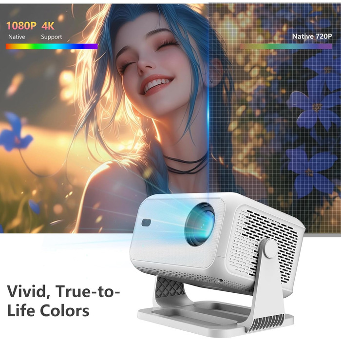 Міні-проектор Smart Beamer 4K з автофокусом та корекцією трапеції, WiFi6, Bluetooth, 600ANSI, 1080P Full HD, для дому та на вулицю, обертання 180°, сумісний з Netflix, модель L350-NF