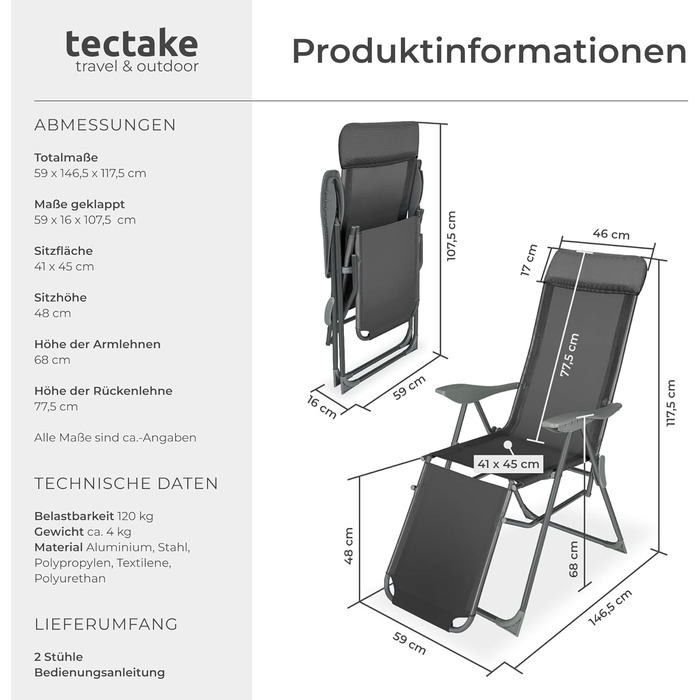 Набір з 2 шт. лежаків для відпочинку Tectake® з алюмінію, садова мебель, 5-позиційна спинка, підставка для ніг, легкі та складані, крісло-релакс з підголовником, для саду, балкону, кемпінгу - антрацит
