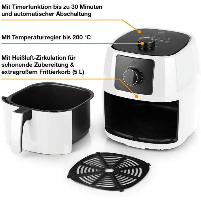 Аерофритюрниця KOCHWERK ємністю 5 л Смаження та точне приготування без жиру, також ідеально підходить для гриля, запікання та розігріву Можна мити в посудомийній машині та функція таймера 1400 Вт/білий