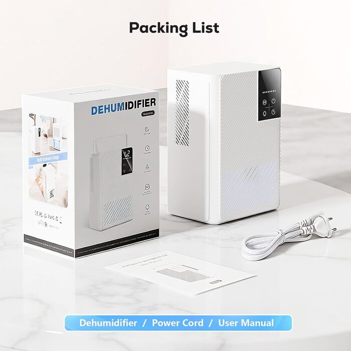 Електричний осушувач повітря 2500 мл з автовимкненням та розморожуванням, 7 кольорів підсвічування, тихий осушувач для дому, портативний, білий