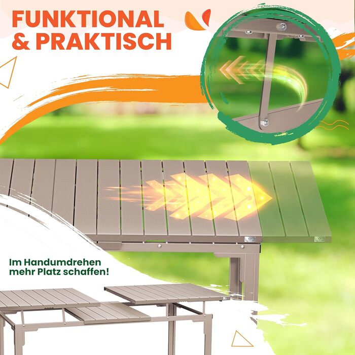 Розсувний садовий стіл KESSER® 180/240x90 см, на 8 осіб, з металевим каркасом та стільницею з HDPE, вологостійкий, UV-стійкий, з 6 підставками