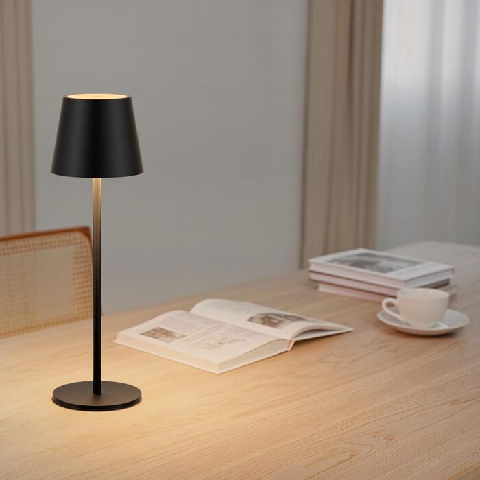 LED настільна лампа Klighten з регулюванням яскравості, акумуляторна, чорна, для дому та вулиці, USB-C, тепле світло 3000K, алюміній, IP54, вологостійка