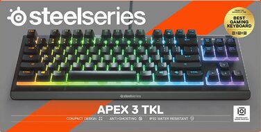 Клавіатура SteelSeries Apex 3 TKL для геймінгу – RGB, компактний форм-фактор TKL, волого- та пилостійкість, тихі геймінгові клавіші, DE Layout QWERTZ, чорний колір